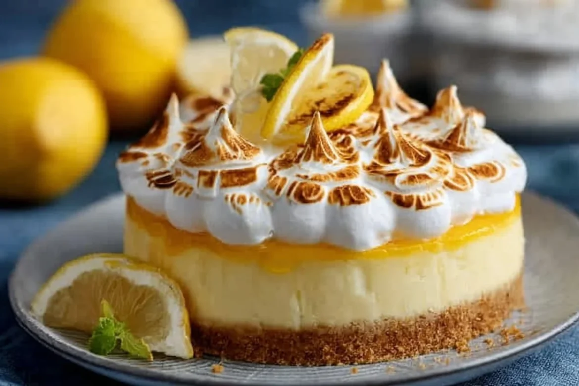 Delicious triple lemon meringue cheesecake topped with whipped meringue and lemon zest.