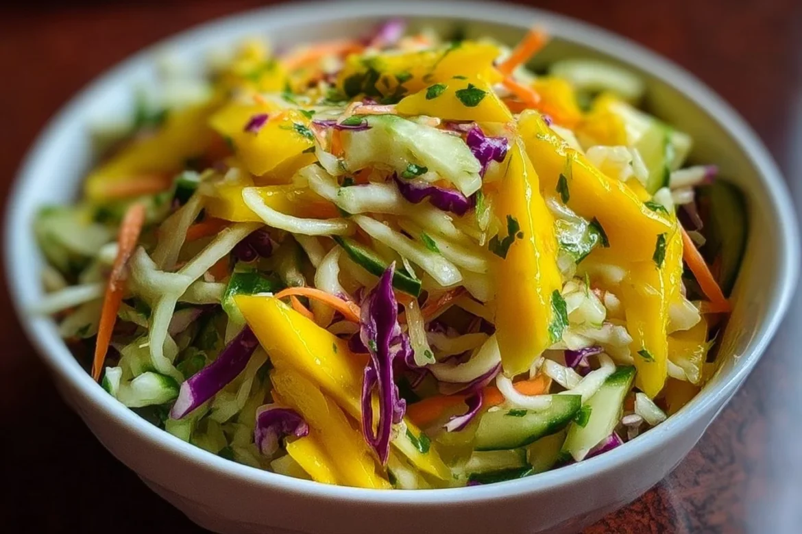 Bowl of Tropical Cucumber Mango Slaw with fresh ingredients