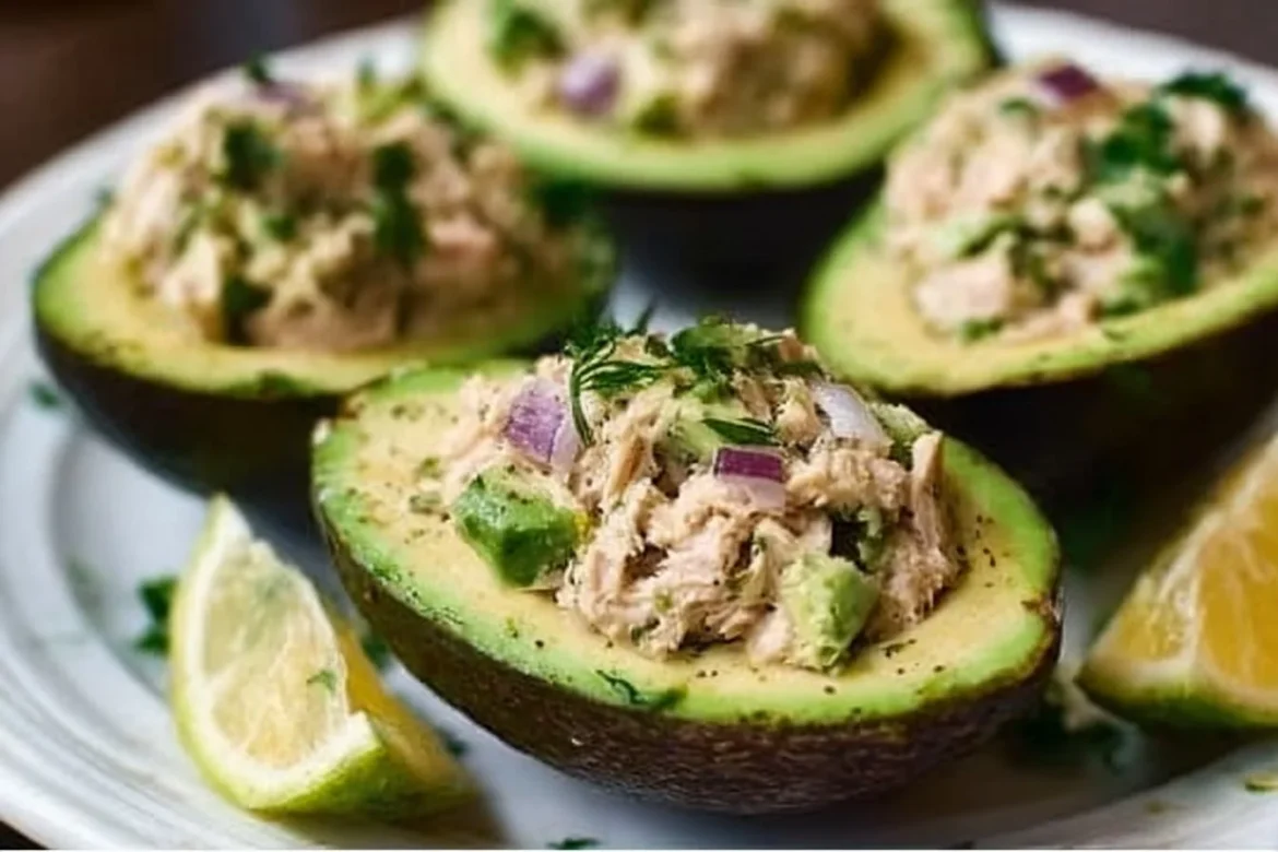 Tuna stuffed avocados with fresh ingredients in a bowl