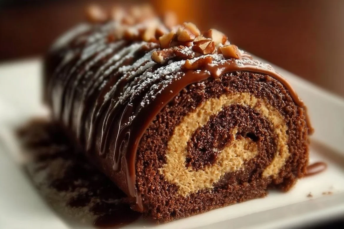 Delicious Turtle Caramel Chocolate Cake Roll with caramel drizzle and chocolate frosting