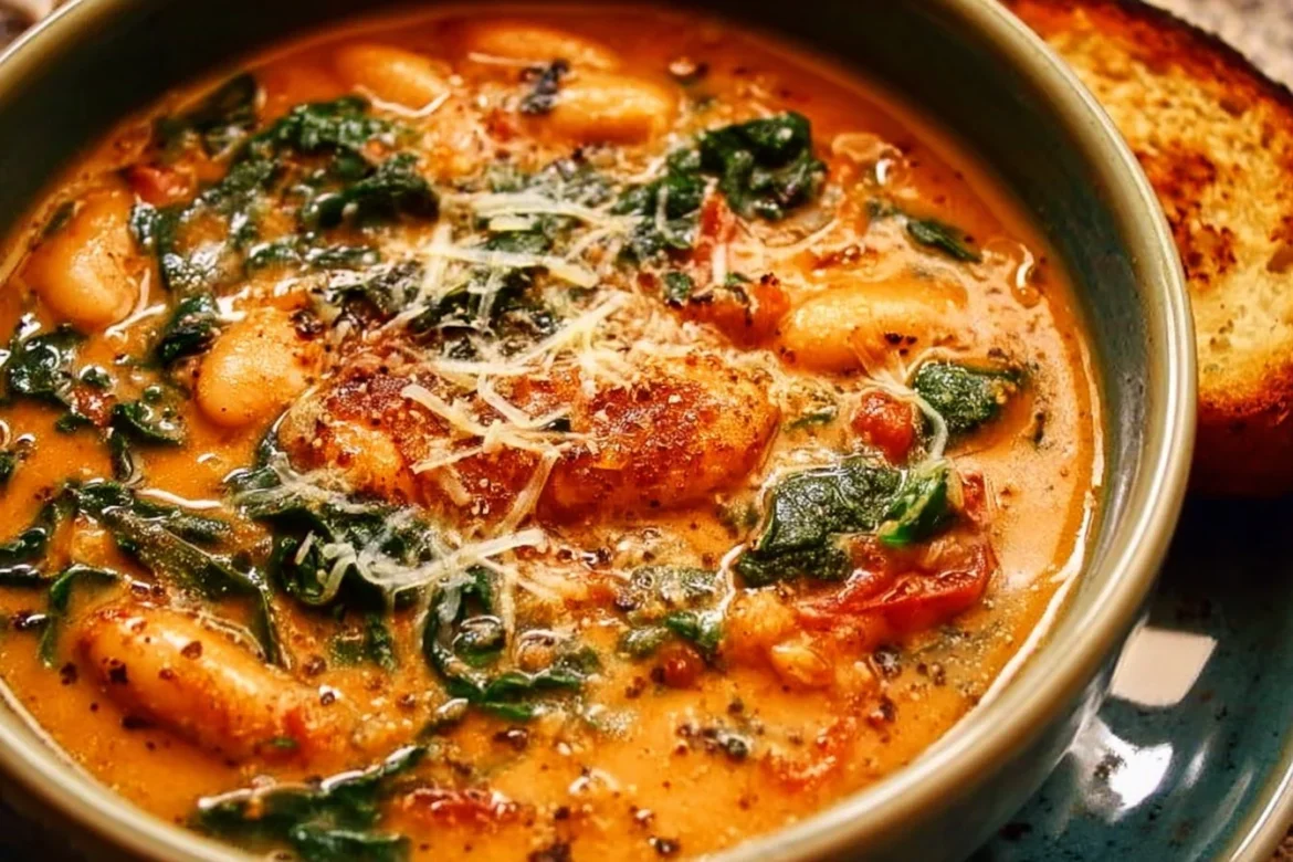 Bowl of Tuscan butter bean soup with fresh herbs and spices