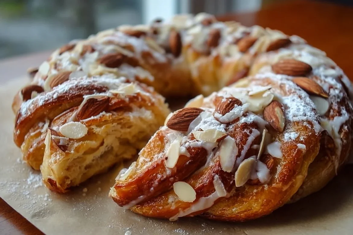 Delicious homemade almond kringle pastry with almond filling and icing