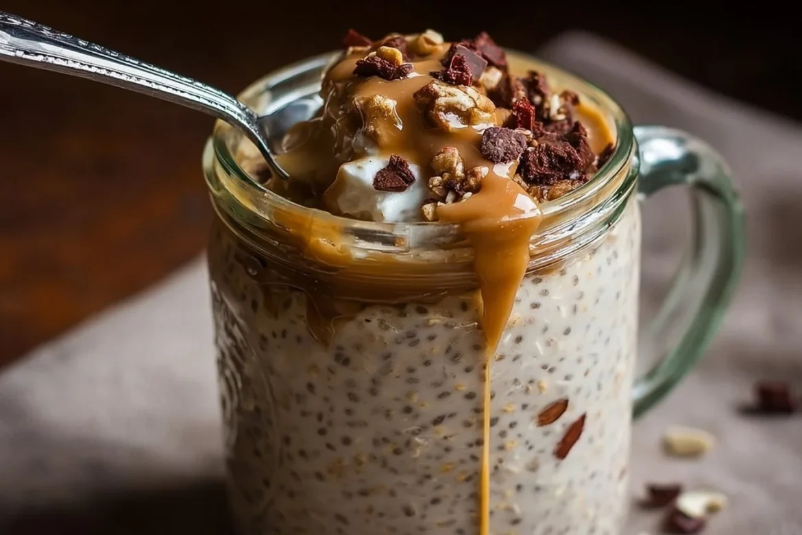 Bowl of Vanilla Coffee Overnight Oats topped with chocolate and fruit