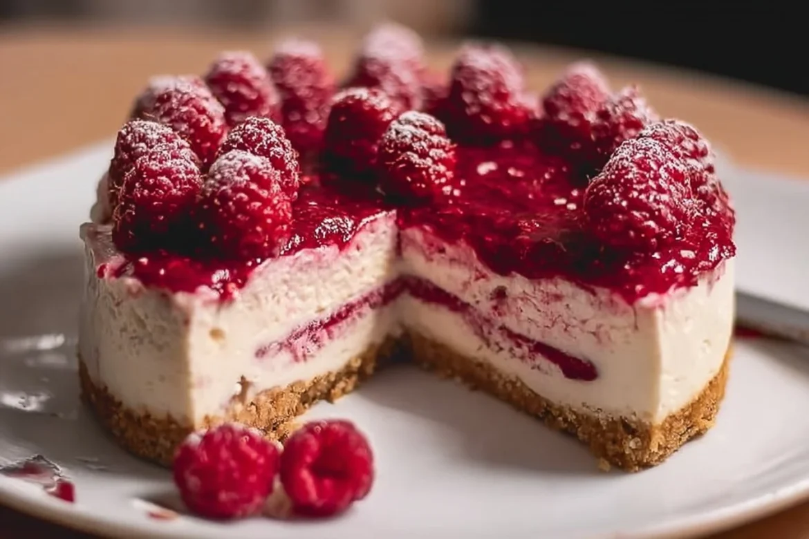 Vegan baked raspberry cheesecake topped with fresh raspberries