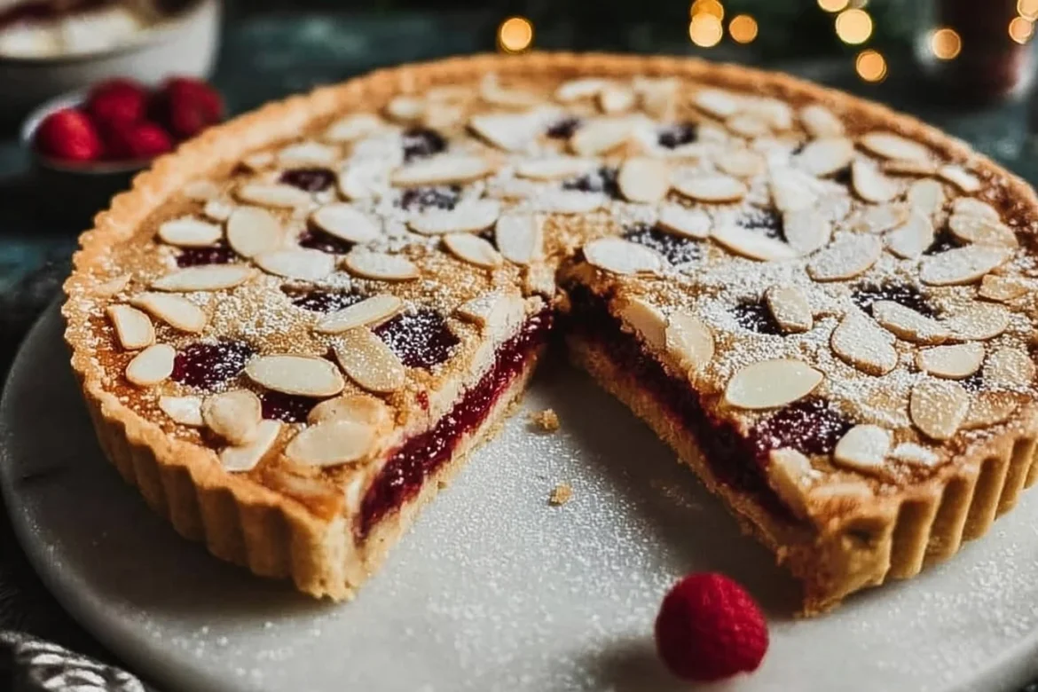 Delicious Vegan Bakewell Tart with almond and raspberry filling