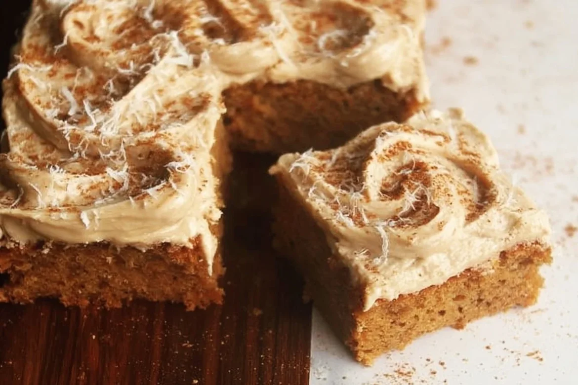 Vegan Biscoff Sheet Cake topped with Biscoff spread and crumbs