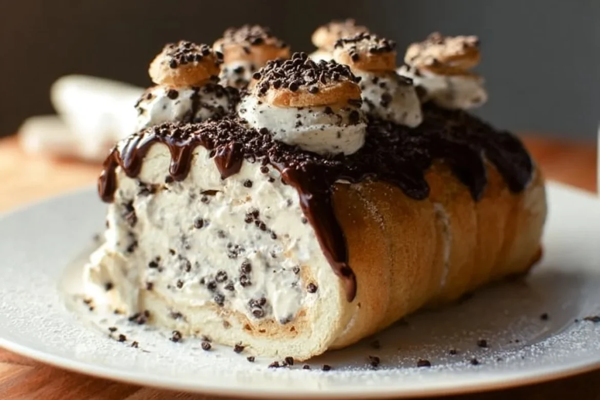 Delicious Vegan Cannoli Cake with creamy filling and chocolate drizzle
