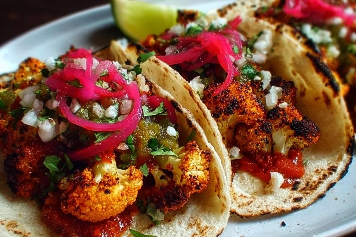 Delicious roasted cauliflower street tacos topped with fresh veggies and sauces