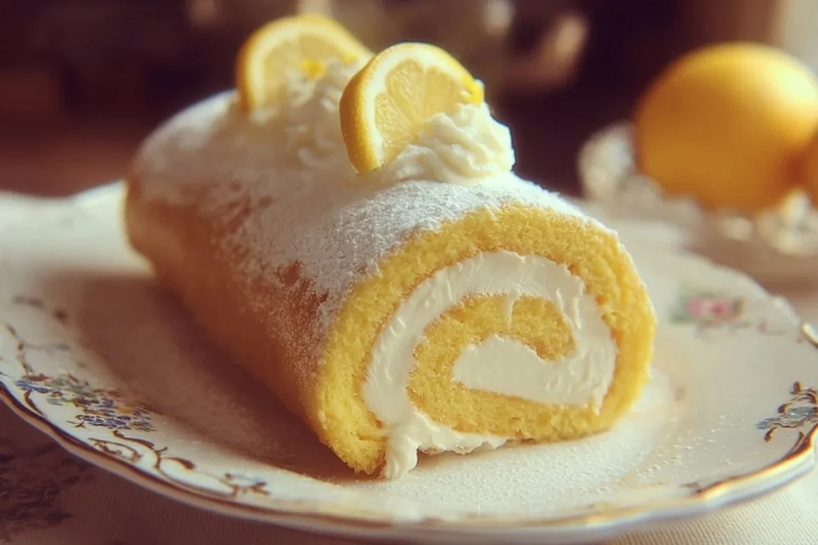Velvet Lemon Cream Roll Cake topped with lemon zest and cream