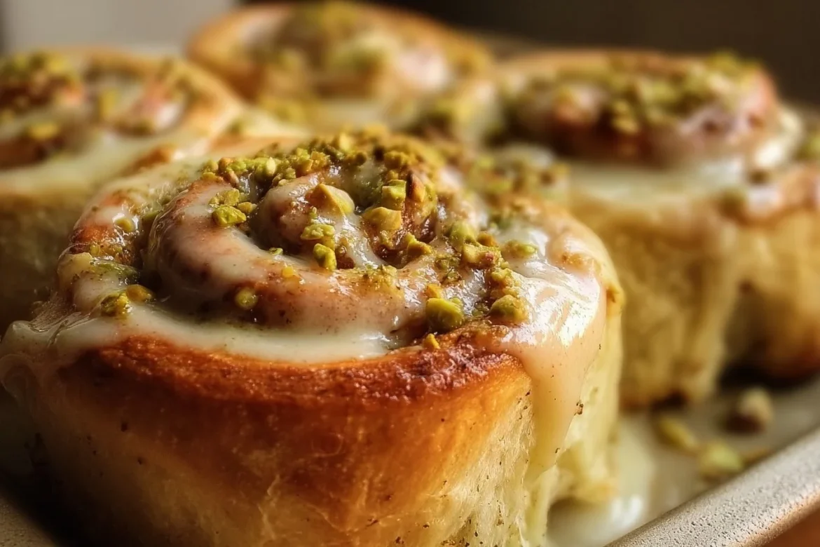 Warm pistachio cream cinnamon rolls on a plate, perfect morning treat.
