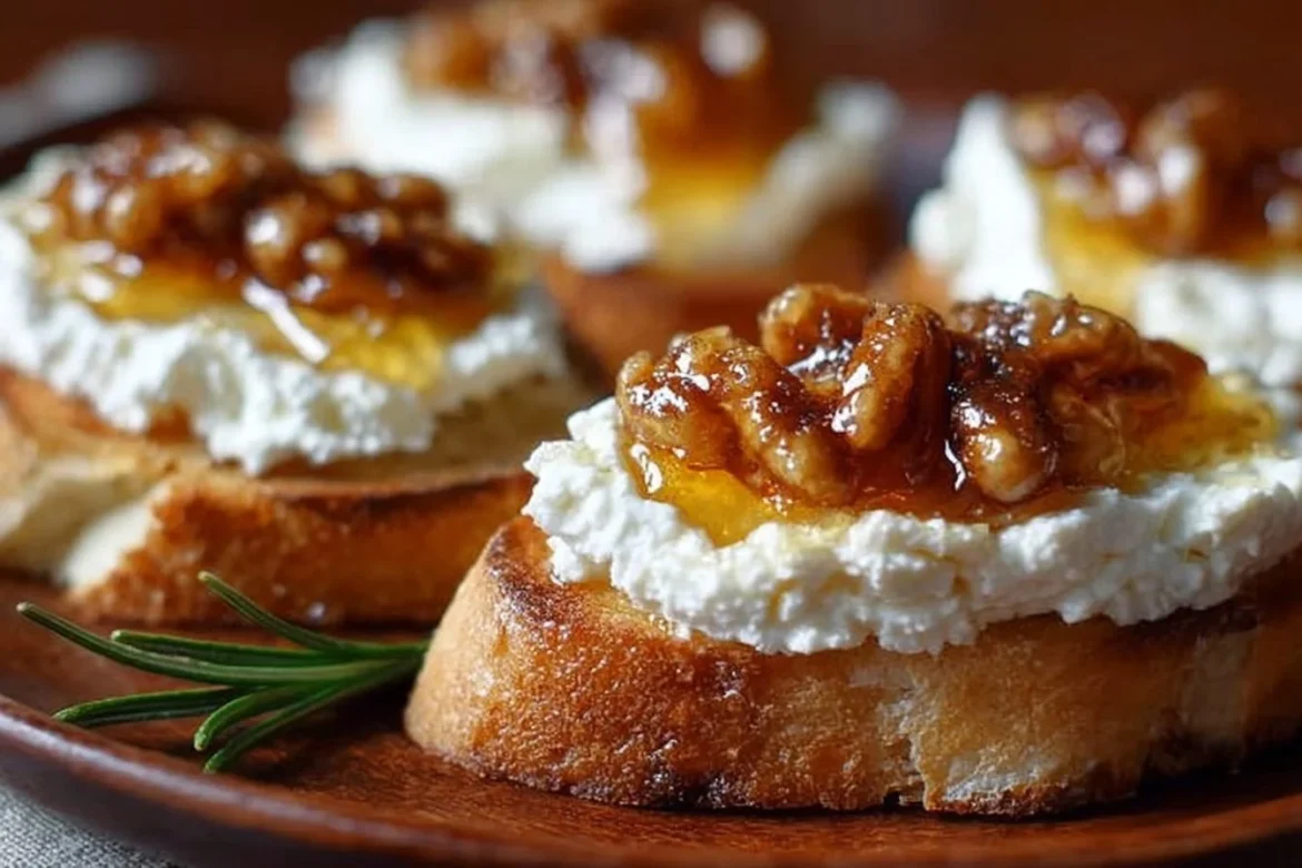 Whipped feta crostini drizzled with hot honey on a wooden serving board