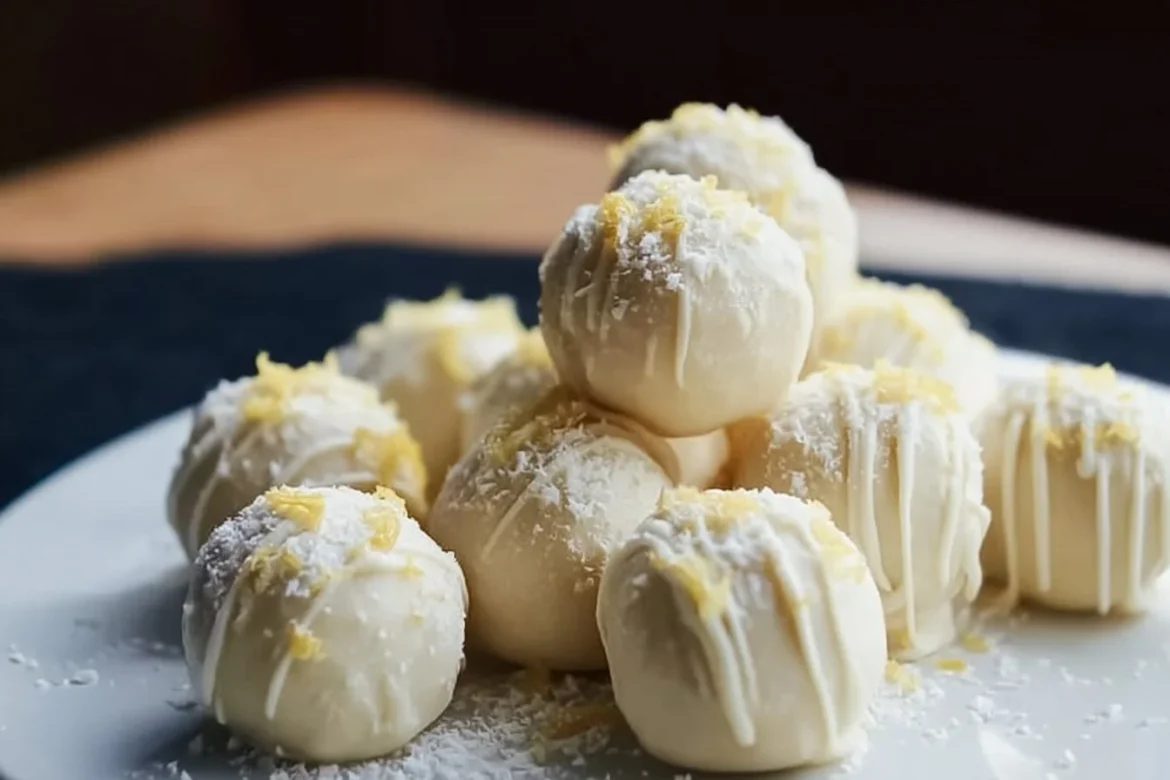 Delicious white chocolate limoncello truffles on a decorative plate