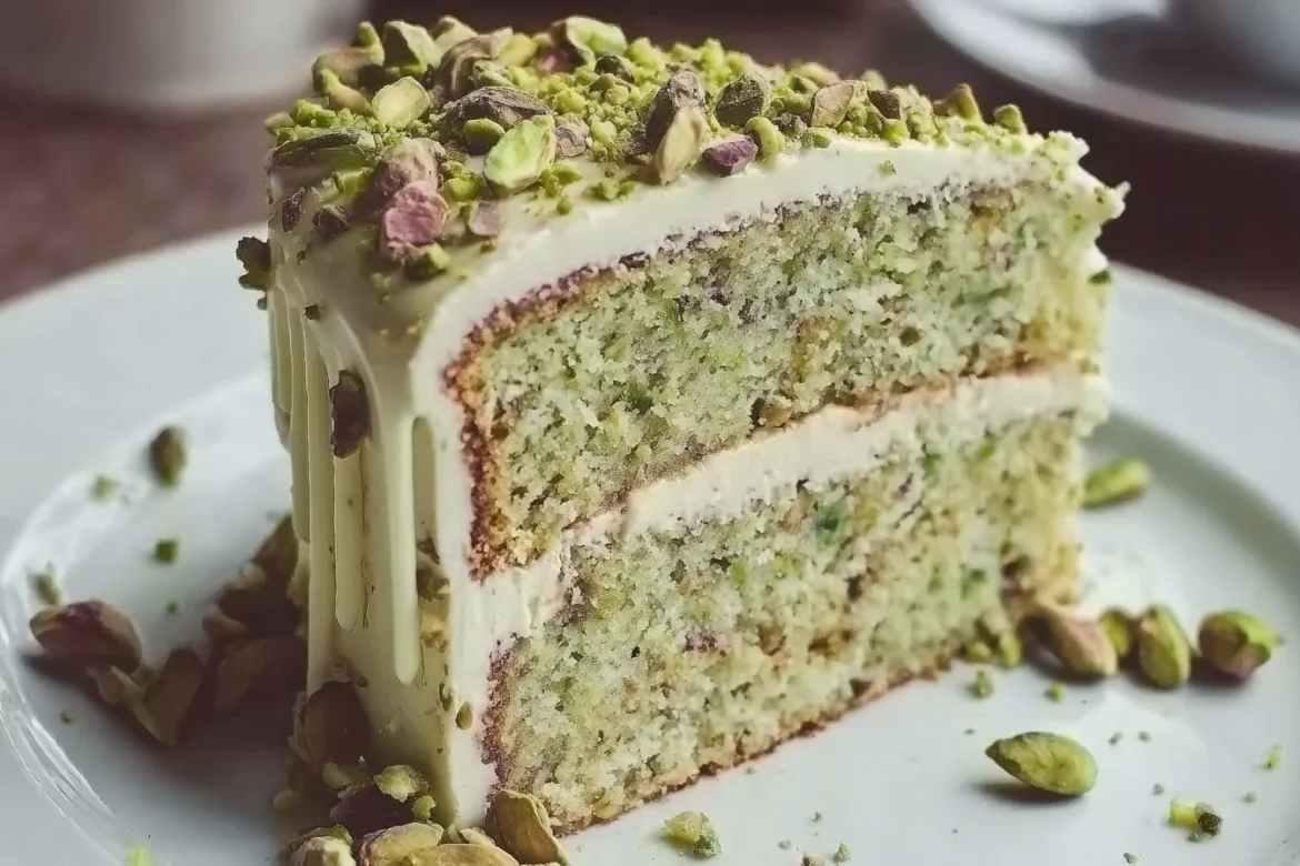 Slice of white chocolate pistachio cake garnished with pistachios and white chocolate shavings