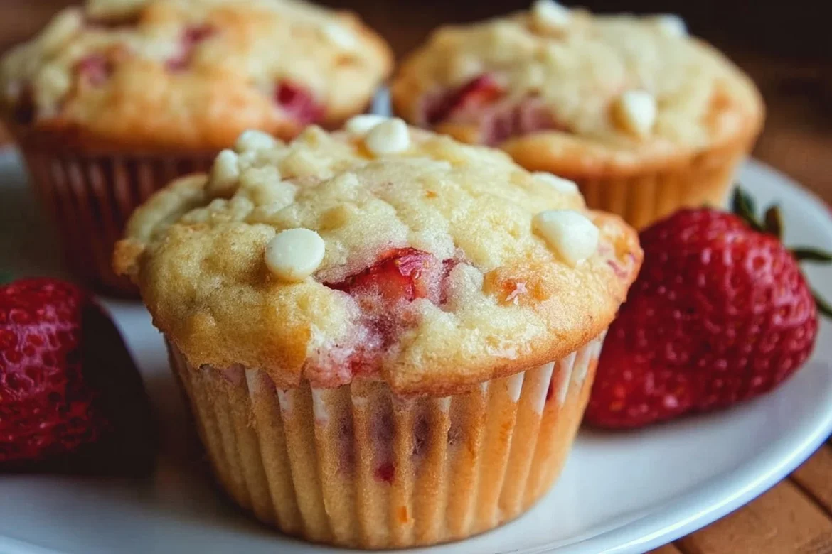 Freshly baked white chocolate strawberry muffins on a cooling rack
