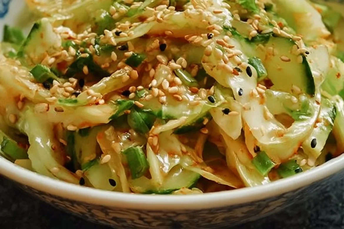 Zesty Ginger Sesame Cabbage salad in a bowl, garnished and ready to serve.