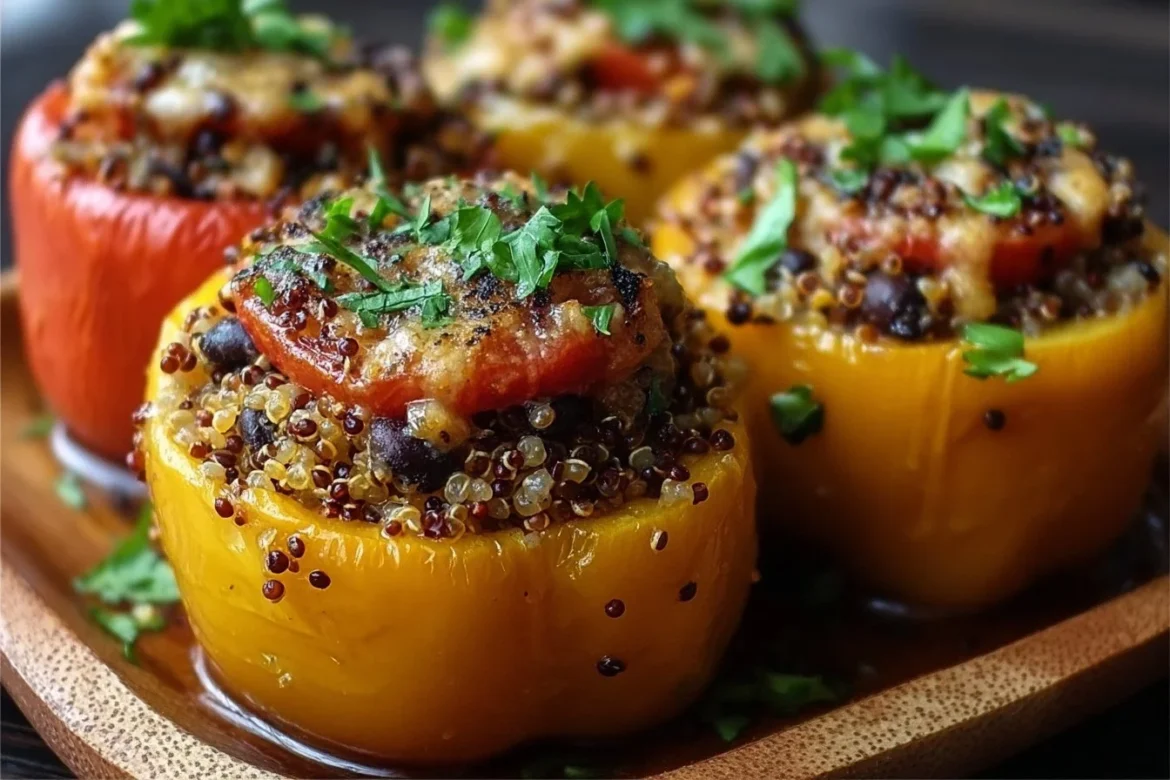 Zesty quinoa and black bean stuffed peppers on a plate