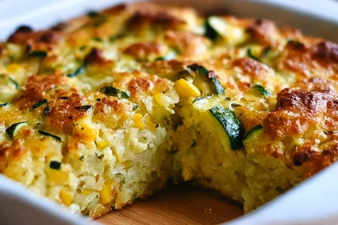 Delicious Zucchini Cornbread Casserole layered with fresh zucchini and cornbread.