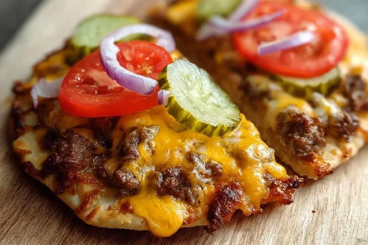 30-Minute cheeseburger flatbreads topped with beef, cheese, and fresh veggies