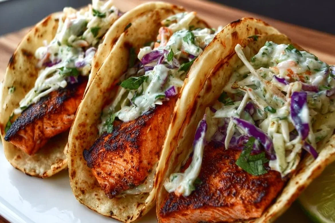 Air Fryer Salmon Tacos topped with zesty slaw on a wooden table