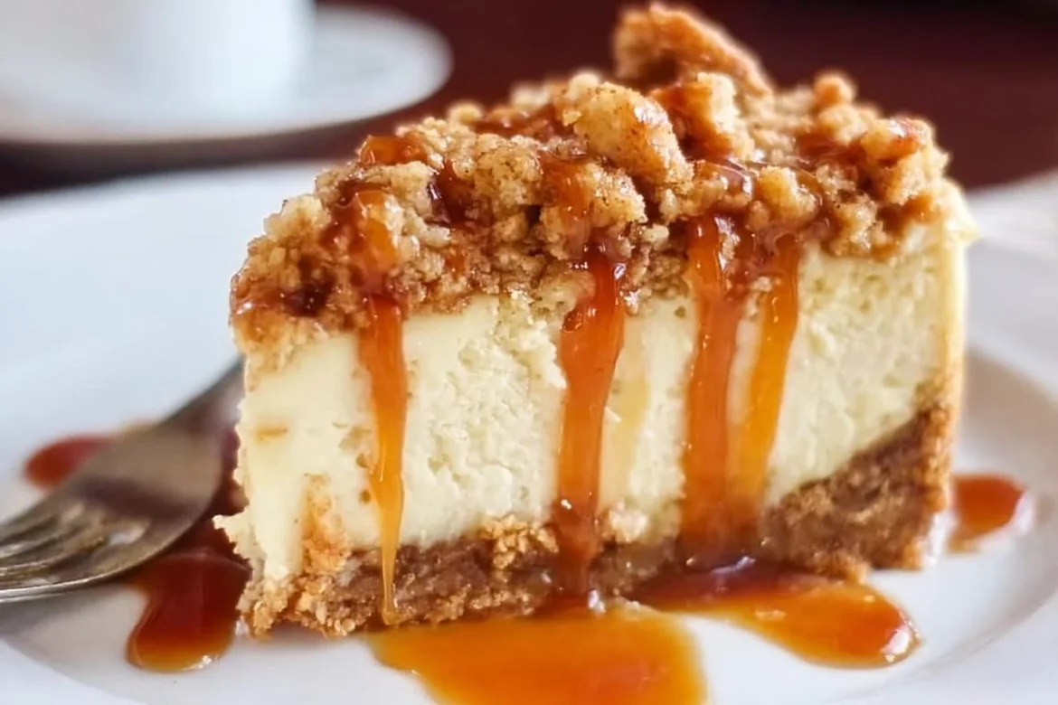 Slice of Apple Crisp Cheesecake with apple topping and crumbly crust