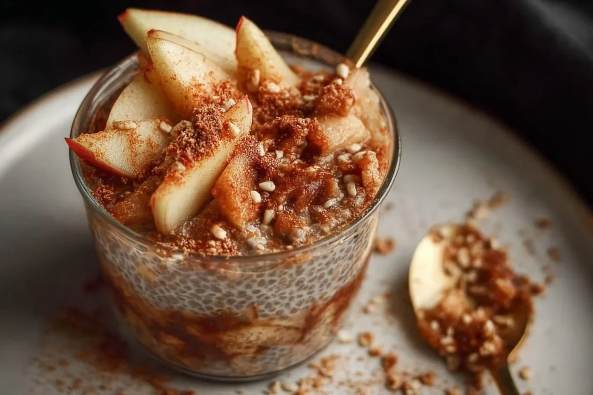 Apple crumble chia pudding topped with apples and spices in a serving bowl