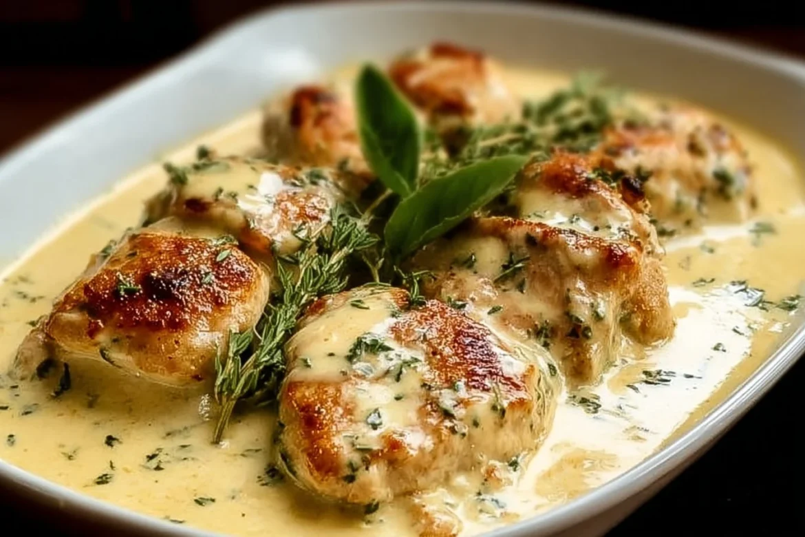 Delicious Asiago Cream Chicken served with creamy sauce and garnish