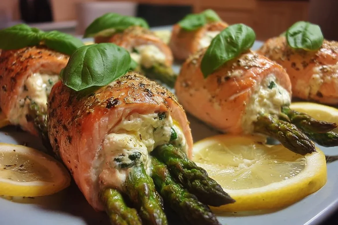 Asparagus and Lemon Basil Ricotta Stuffed Salmon Rolls plated with garnishes