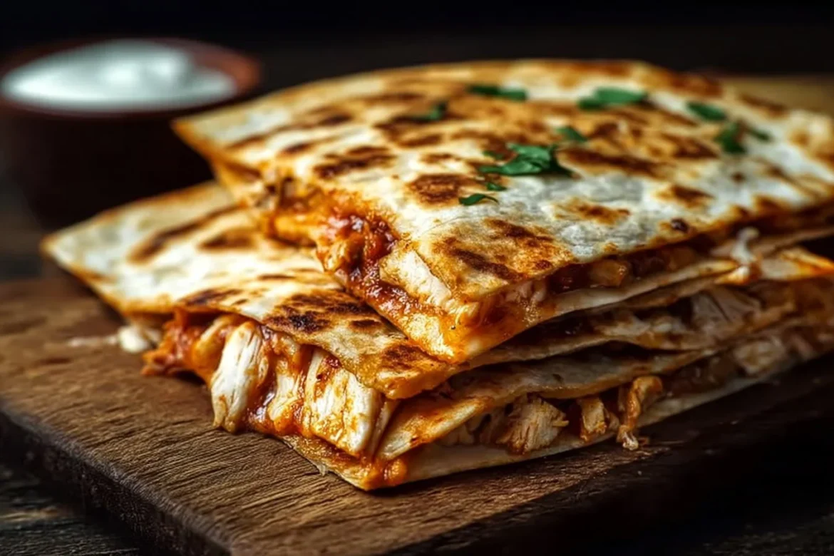 Delicious authentic chicken quesadilla with melted cheese and toppings