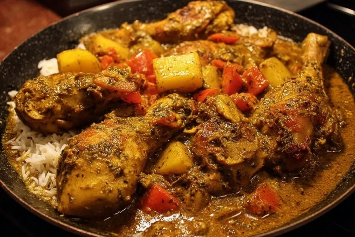 Plate of authentic Jamaican Curry Chicken with vibrant spices and herbs