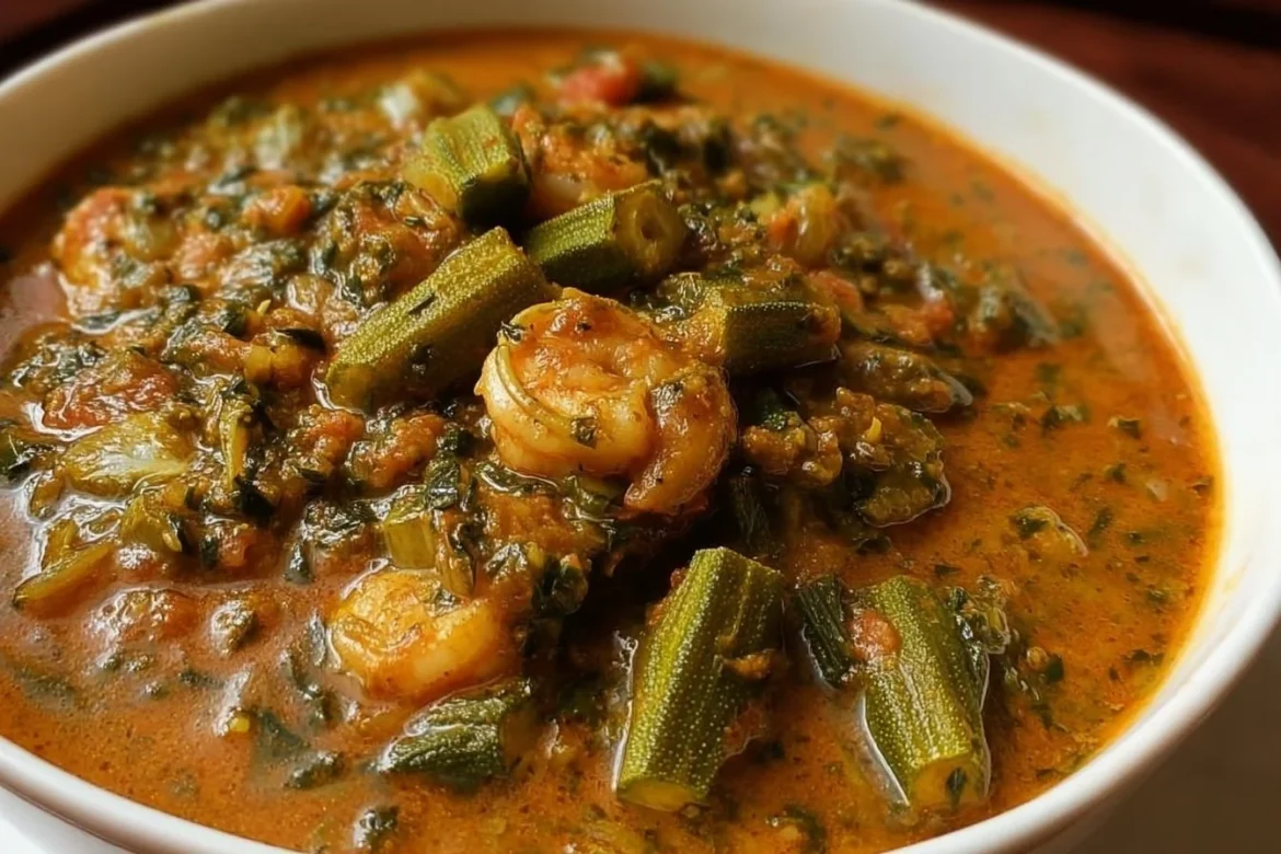 Bowl of authentic Nigerian Okra Soup garnished with ingredients and spices