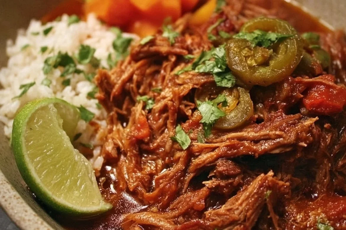 Authentic ropa vieja served with rice and black beans