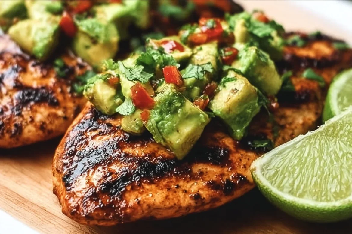 Delicious Avocado Chili Lime Grilled Chicken served with fresh ingredients