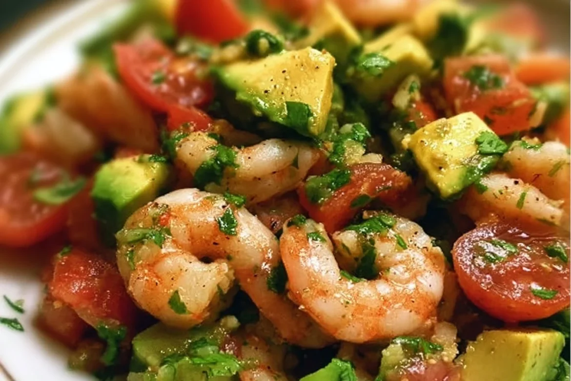 Avocado Salsa Shrimp Salad with fresh ingredients served in a bowl