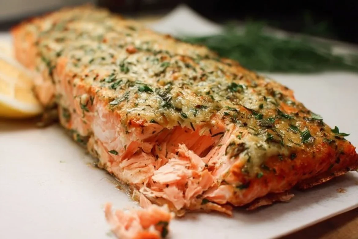 Baked salmon fillet topped with herbed Dijon sauce, served on a plate