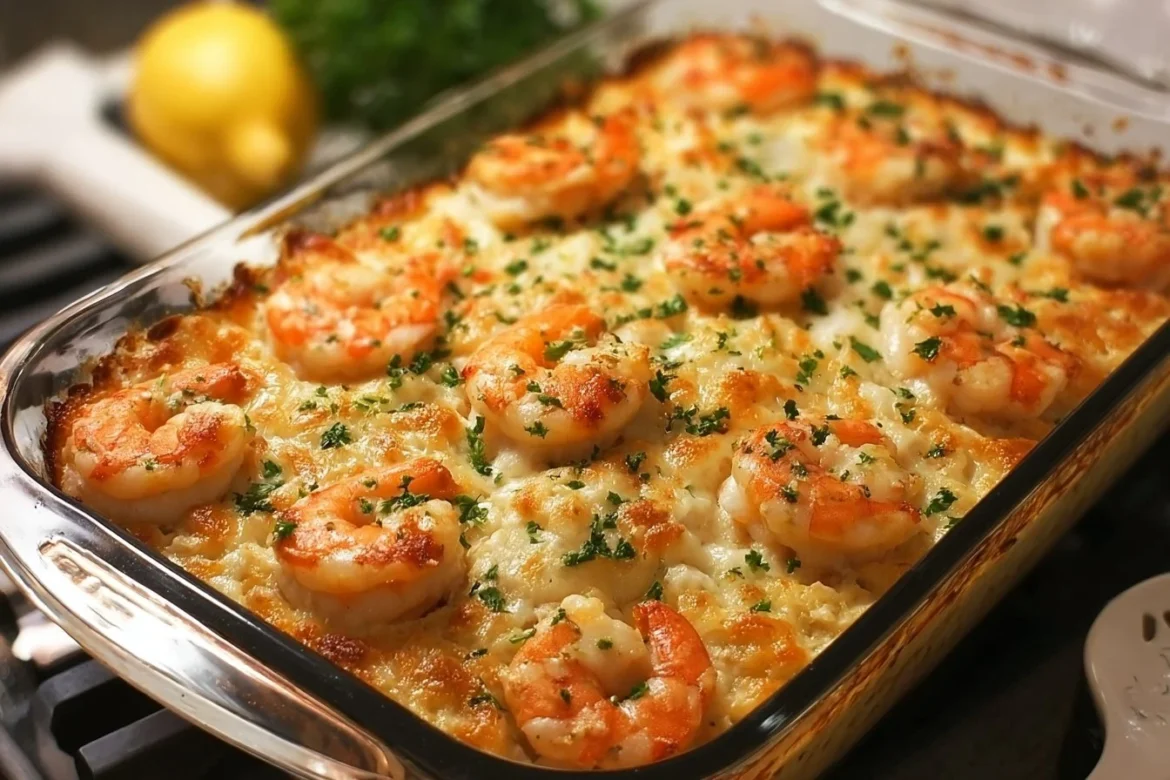 Baked Stuffed Shrimp Casserole with a golden crust and delicious stuffing