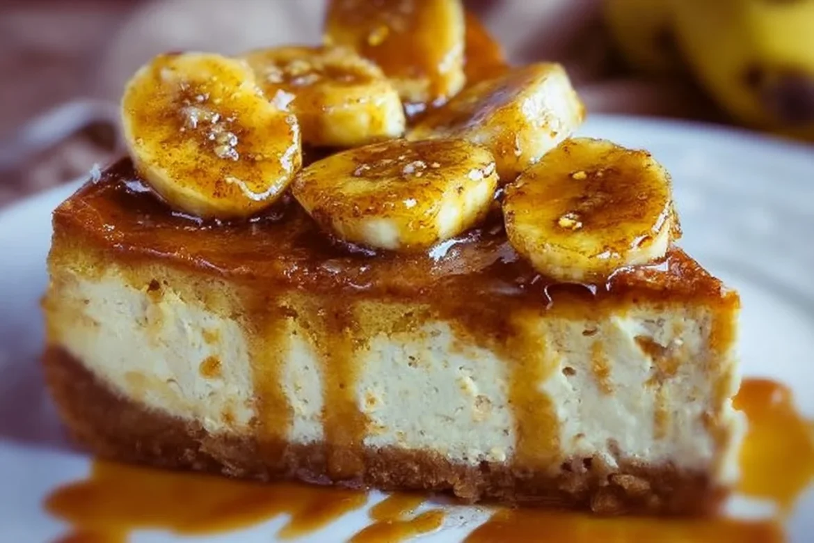 Delicious slice of Bananas Foster Cheesecake topped with caramel and bananas