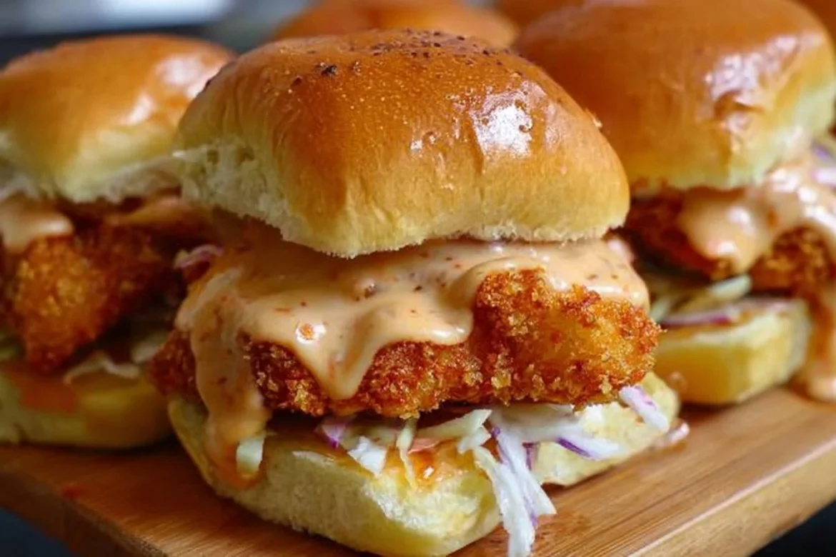 Delicious Bang Bang Chicken Sliders served with spicy sauce and toppings