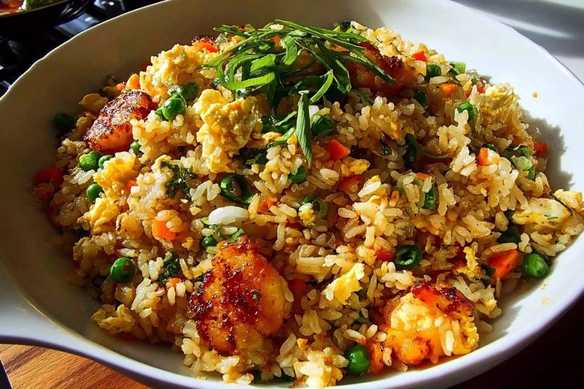 A vibrant plate of Bang Bang Fried Rice garnished with green onions and veggies