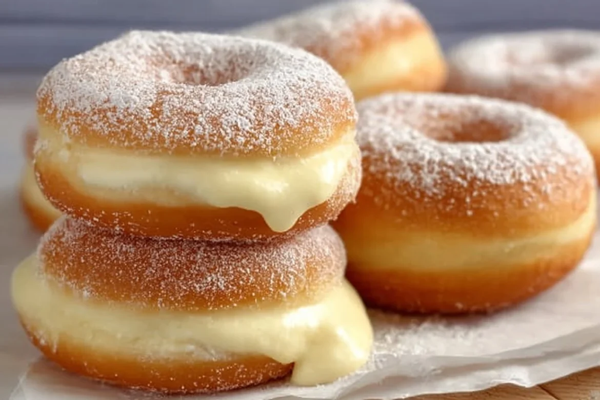 Bavarian cream donuts with powdered sugar and creamy filling