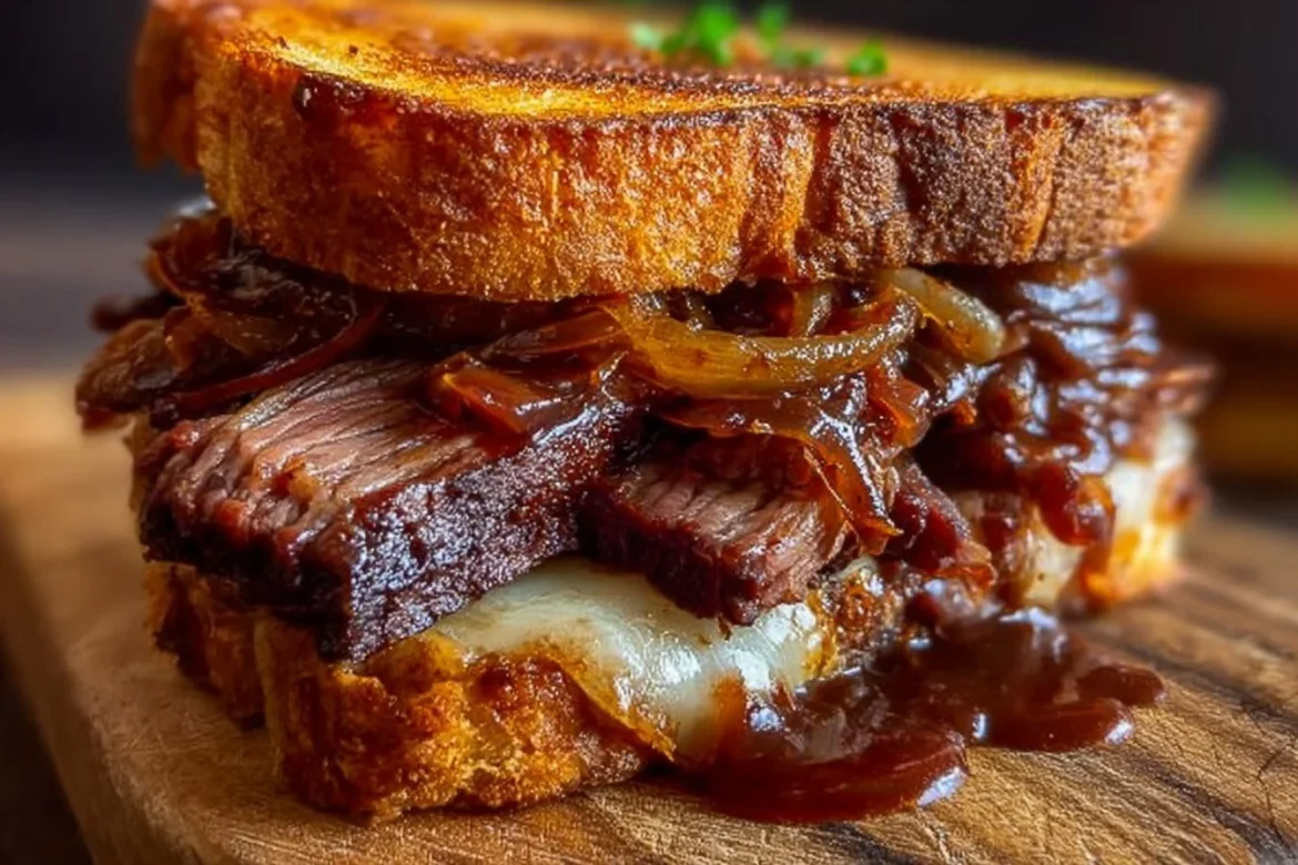 Delicious BBQ brisket melt sandwich with tender brisket and melted cheese