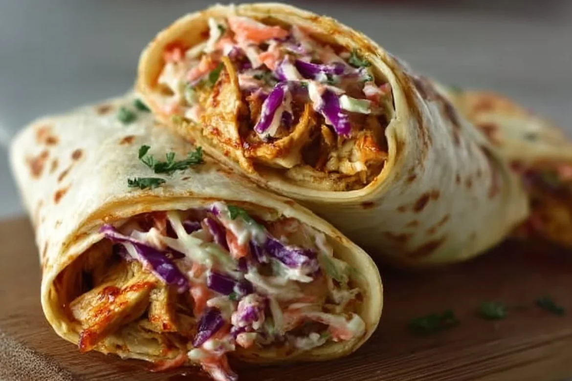 BBQ chicken wraps with coleslaw in a tortilla