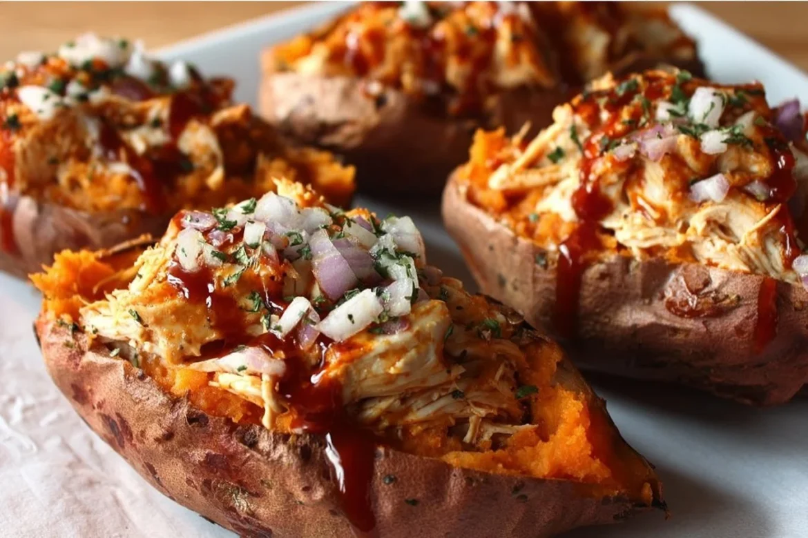 BBQ chicken stuffed sweet potatoes topped with green onions and cheese