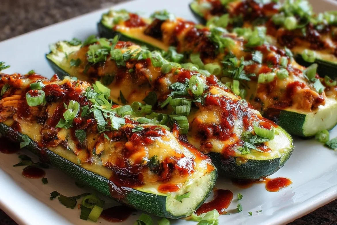 BBQ chicken stuffed zucchini boats topped with cheese and herbs