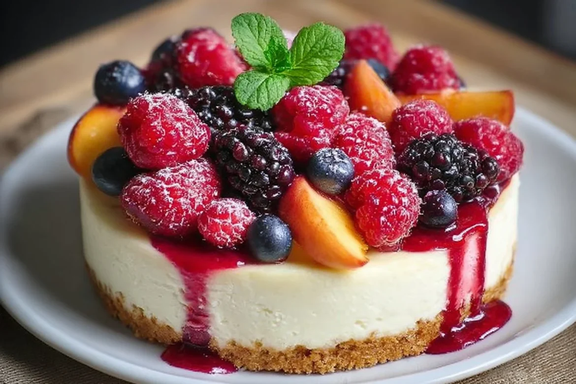 Delicious Berry Peach Cheesecake topped with fresh berries and peach slices
