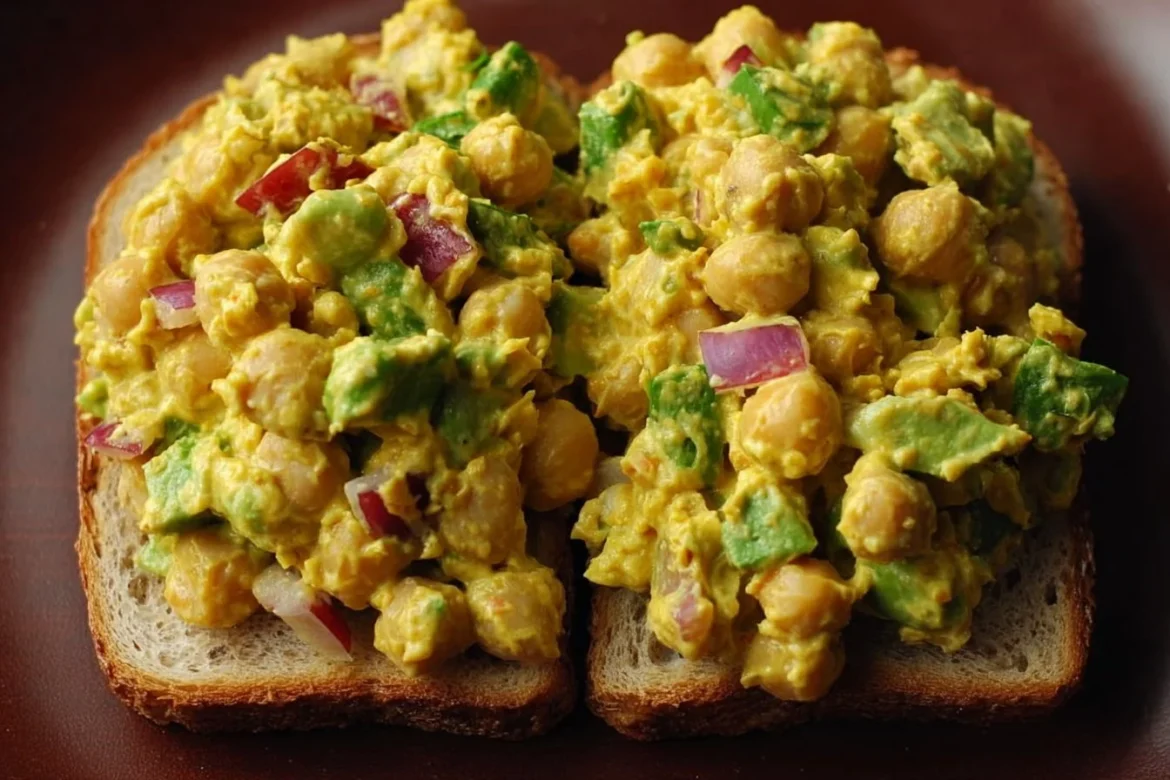 Delicious and healthy curried chickpea salad garnished with fresh vegetables.