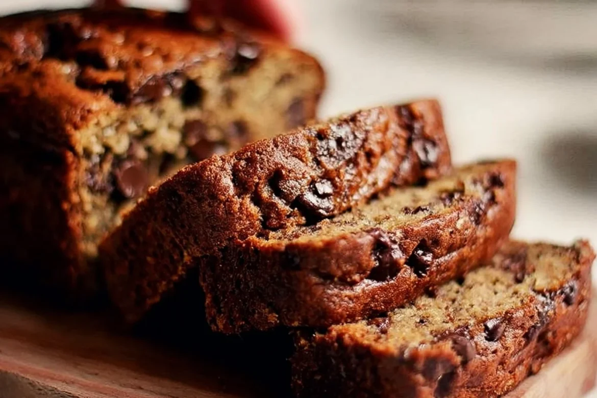 Slice of the best ever chocolate chip banana bread with chocolate chips on top