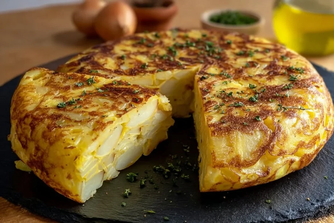 Delicious Spanish tortilla española served on a plate with garnish.
