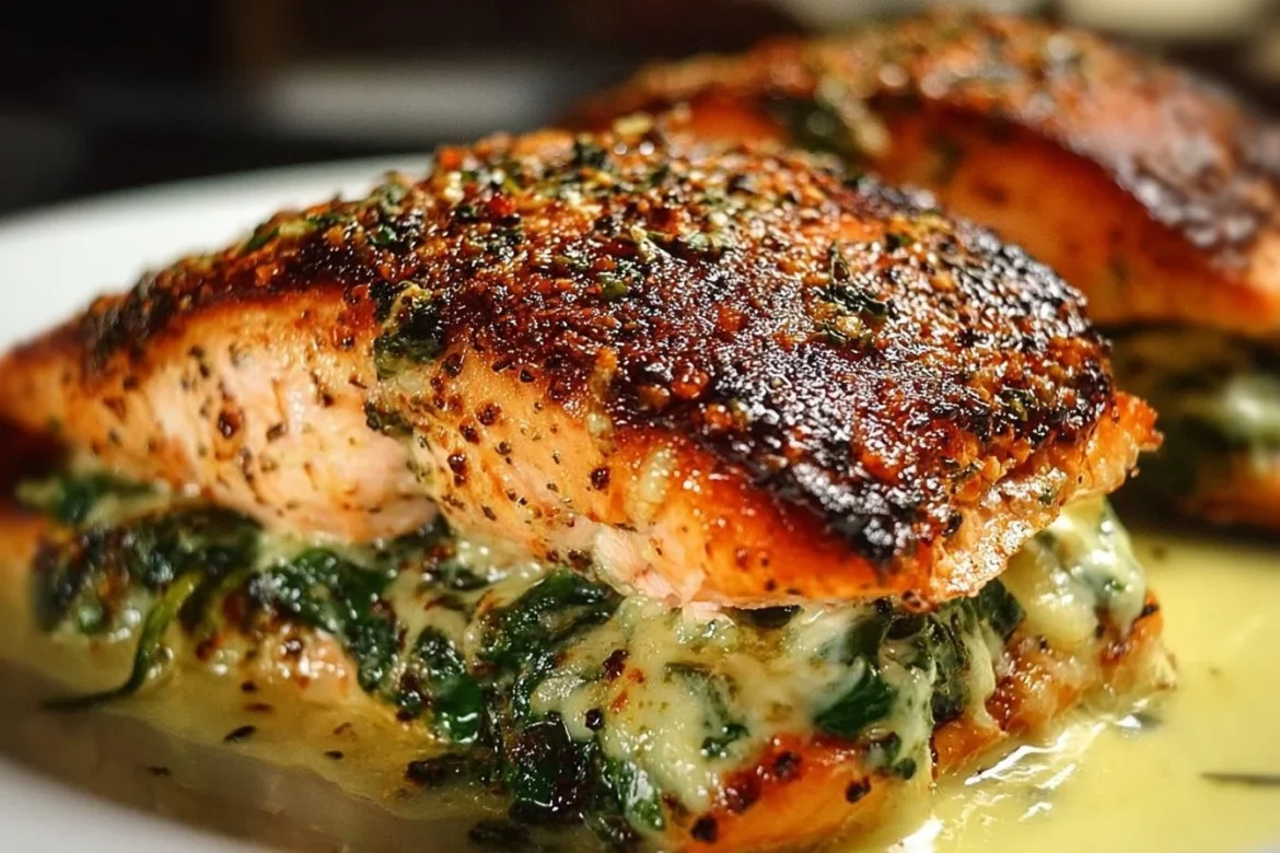 Blackened salmon fillet stuffed with spinach and Parmesan cheese on a plate