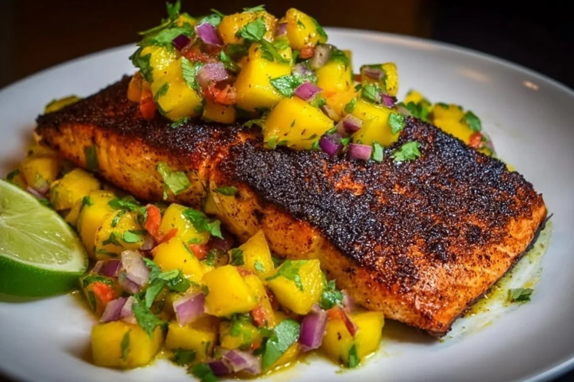 Blackened salmon fillet topped with vibrant mango salsa on a plate.