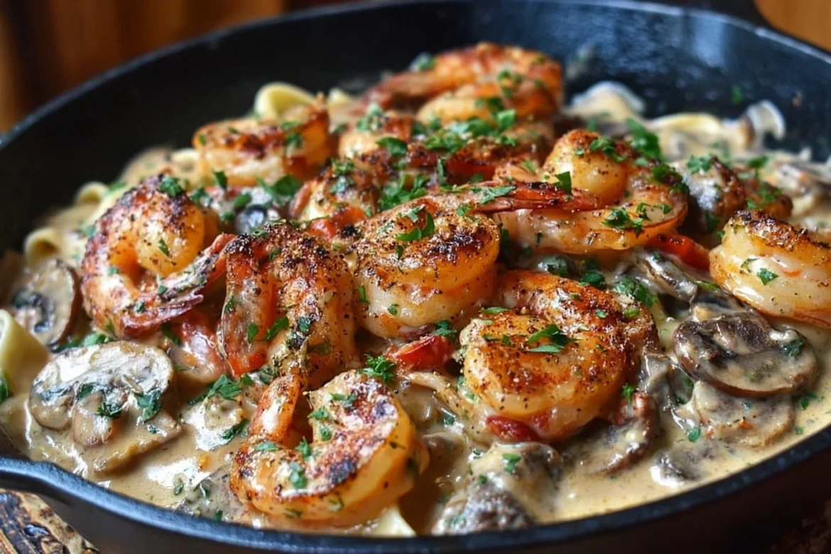 Plate of blackened shrimp stroganoff served with pasta and garnished with parsley
